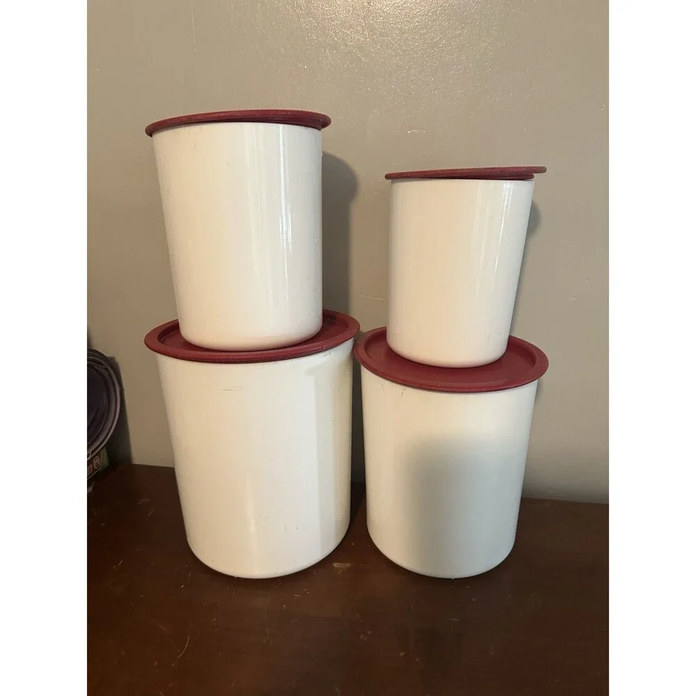 4-Tupperware One Touch Nesting Canisters Set w/ Red Lids 2416B 24188 24200 2422B